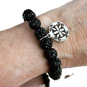 Rustic Cuff Metal Stainless Steel Shambala Beaded Stretch Bracelet Black
